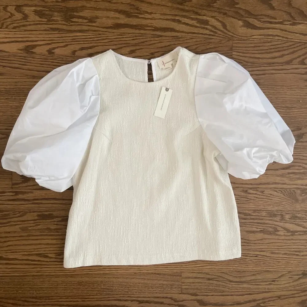Anthropologie Puff Sleeve Top Size Small NWT Cream White Textured Classic